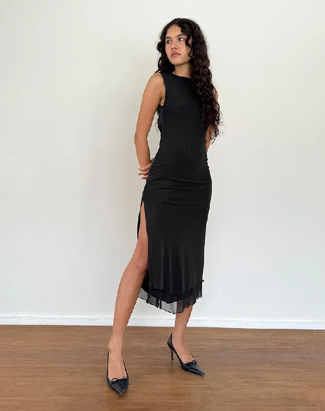 Ladies midi dress temperament -Lyra Backless Midi Dress in Mesh Black