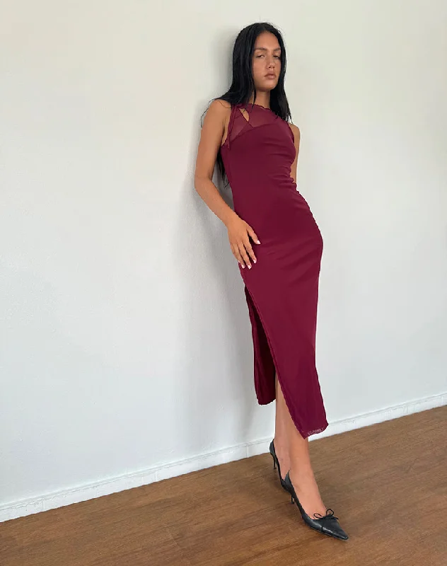 Ladies midi dress flutter sleeve -Marlo Asymmetric Midi Dress in Burgundy