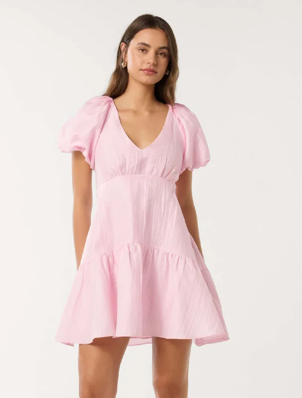 Women's mini dress lightweight twill -Melody Puff Sleeve Mini Dress