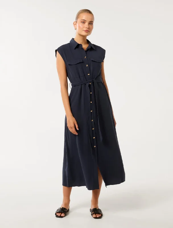 Ladies midi dress maxi style -Mikayla Tie Belt Button Up Midi Dress