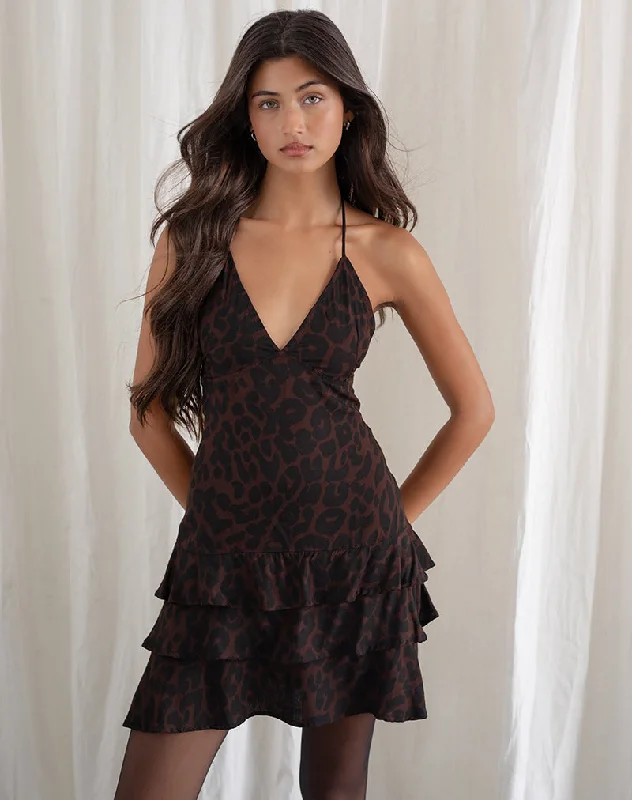 Women's mini dress party sparkle -Nenita Halterneck Mini Dress in Oversize Jaguar Brown