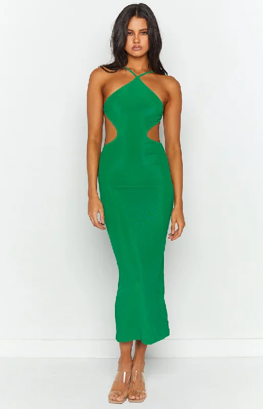 Ladies midi dress teal -Nyla Green Cut Out Halter Midi Dress