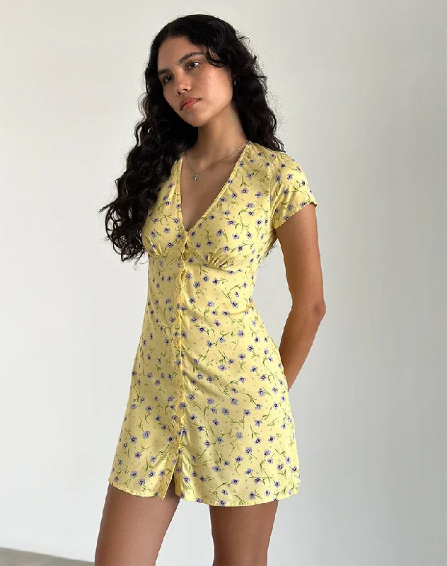 Women's mini dress subtle stripe -Omoni Mini Dress in Wild Flower Lemon Drop