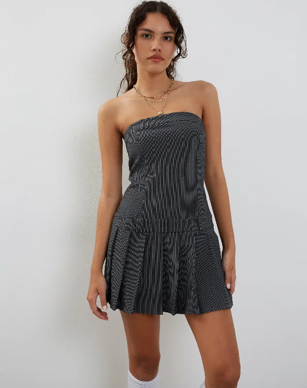 Women's mini dress button slit -Payoda Mini Dress in Pinstripe Grey