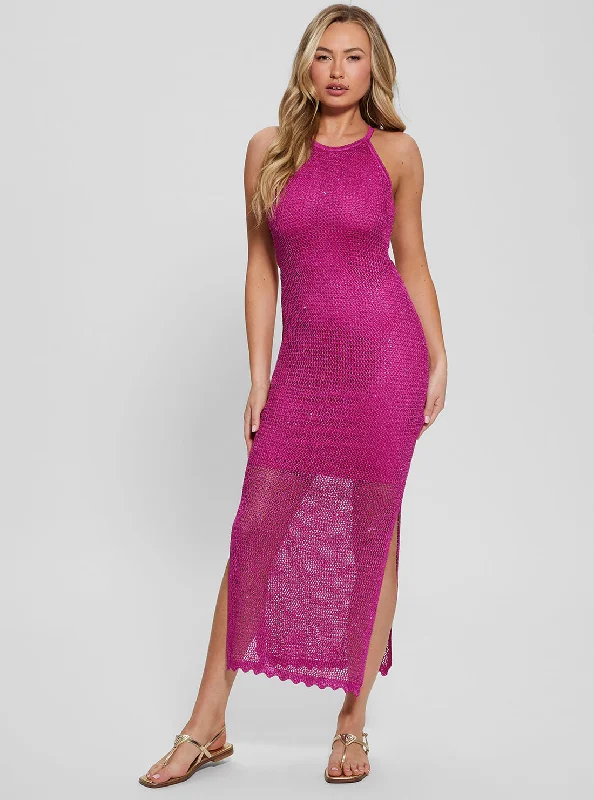 Ladies midi dress red -Pink Lana Mesh Stitch Midi Dress