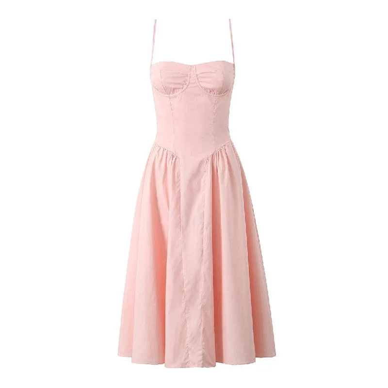 Ladies midi dress maxi style -Pink thin strap retro midi dress