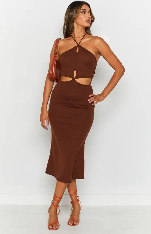 Ladies midi dress sophisticated -Quanah Cut Out Midi Dress Brown