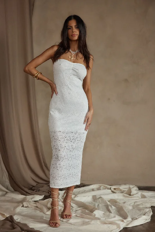 Ladies midi dress flutter sleeve -Reagan Strapless White Lace Midi Dress