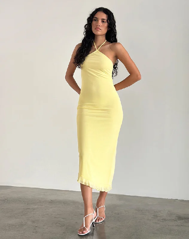 Ladies midi dress balloon sleeve -Ribka Midi Dress in Mesh Lemon