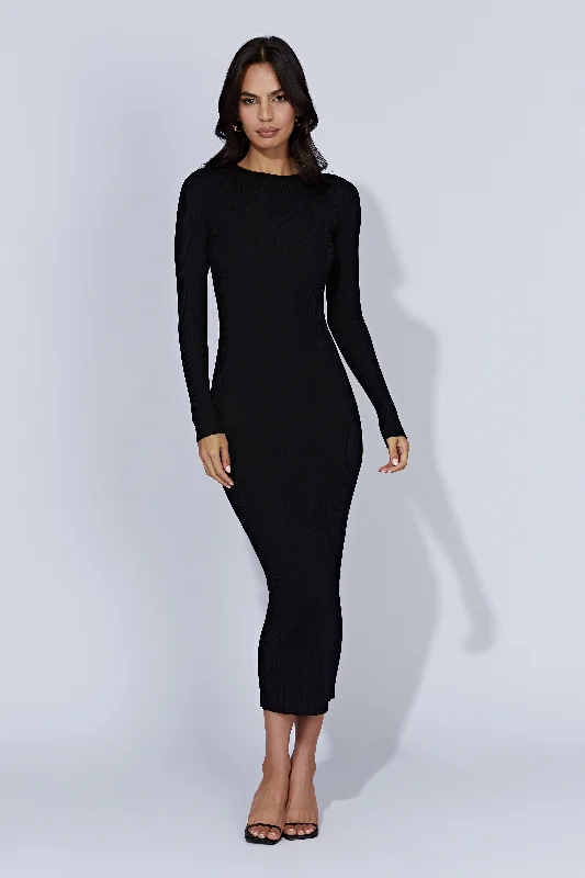 Ladies midi dress cotton -Rowen Long Sleeve Midi Dress - Black