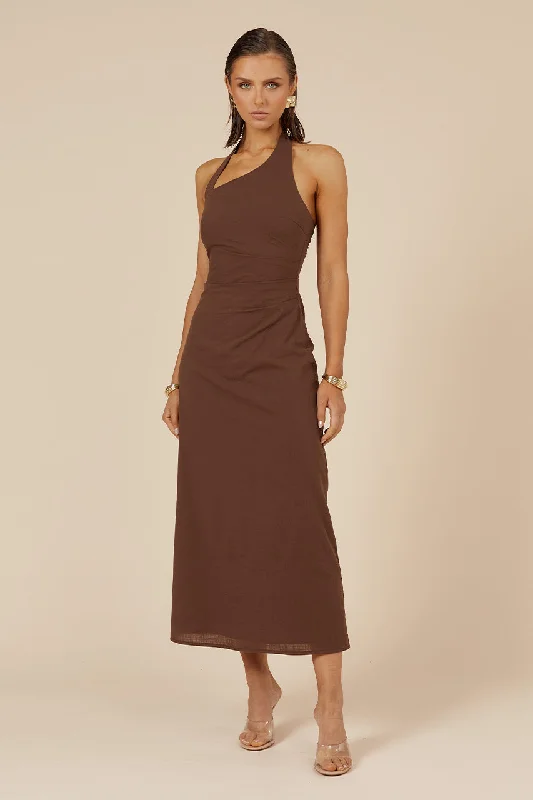 Ladies midi dress houndstooth -SAPHIRA LONG MIDI DRESS - ESPRESSO