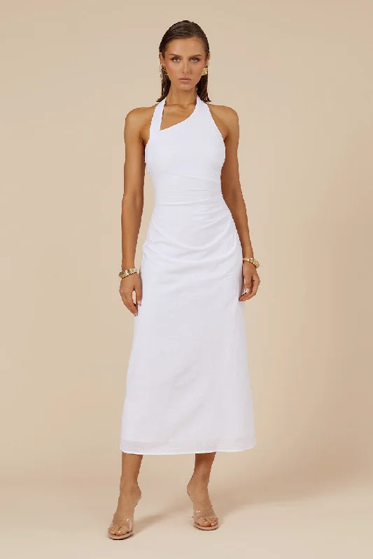 Ladies midi dress vibrant -SAPHIRA LONG MIDI DRESS - WHITE