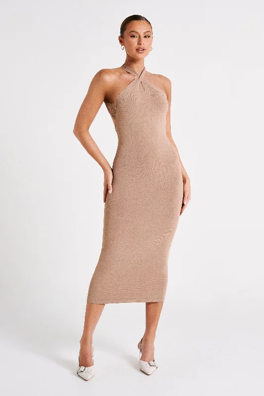 Ladies midi dress party -Sarai Halter Neck Knit Midi Dress - Wheat