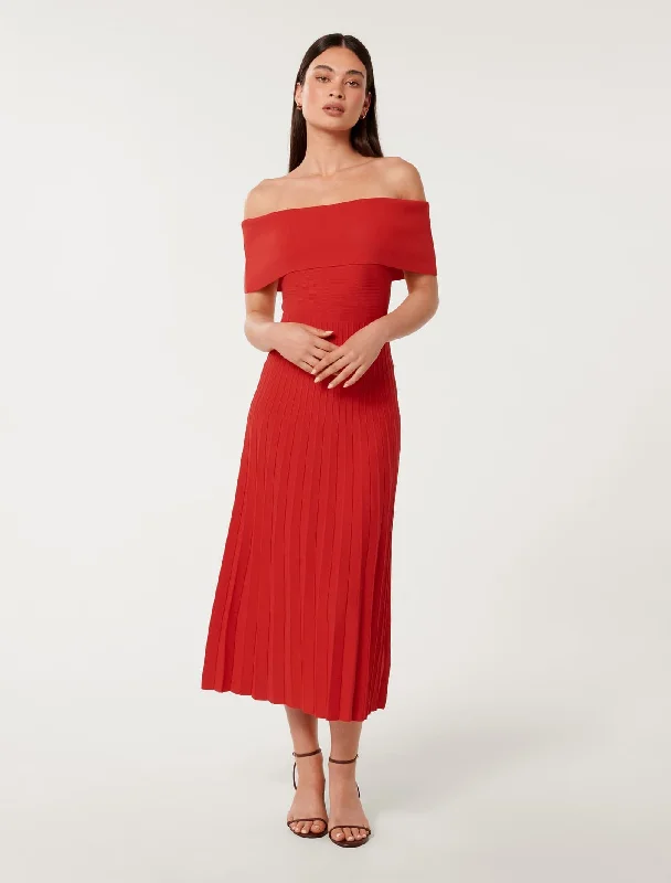 Ladies midi dress sophisticated -Skye Bardot Knit Midi Dress