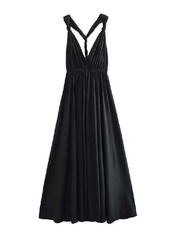 sleeveless square neck dress -Solid Black Sleeveless Mid-Calf Backless Dress w/ Deep V-neck