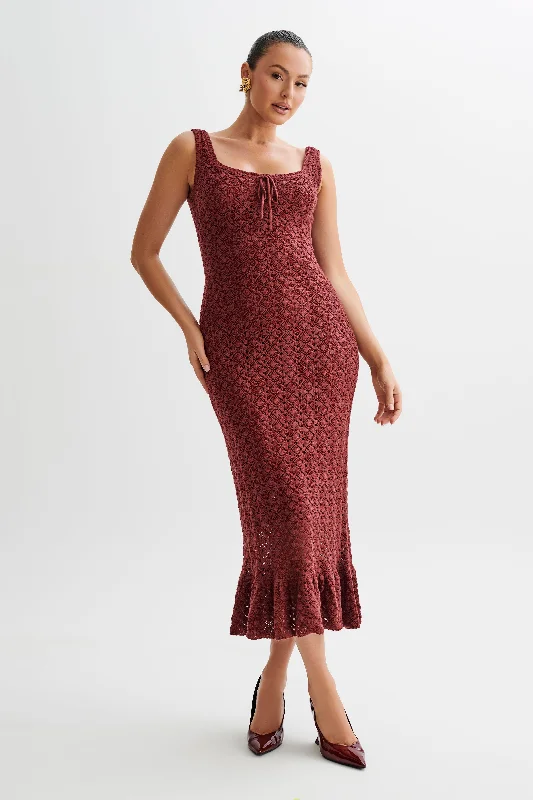 Ladies midi dress gathering -Sylvie Frill Knit Midi Dresses - Wine