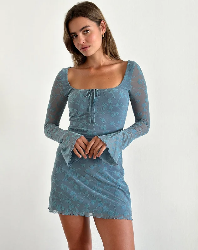 Women's mini dress sunny linen -Tatyana Mini Dress in Grunge Floral Blue Grey