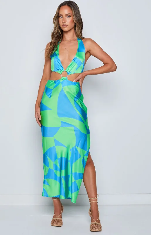 Ladies midi dress lightweight -Underwater Green Print Midi Dress