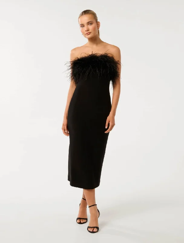 Ladies midi dress tropical -Vianna Feather Strapless Midi Dress