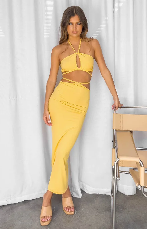 Ladies midi dress warm -Whatever Your Mood Yellow Midi Dress