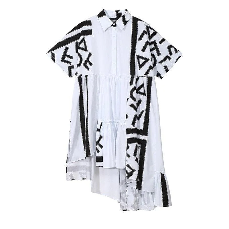 Ladies midi dress comfortable -Women's Geometric Printed Black + White Midi Shirt Dress